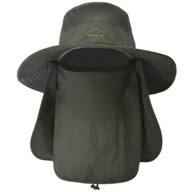 ehsbuy Fishing Hat Men's Wide Brim Mesh Tropical Hat Safari Hat Foldable Sun Hat with Face Cover Neck Flap, Army Green