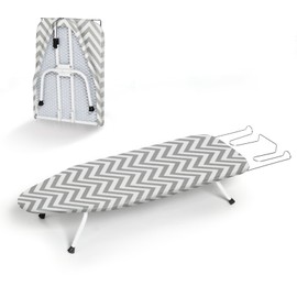 Folding Ironing Board for Small Space, RAINHOL Mini Collapsible Ironing Boards, with Hook, Iron Rest, Heat-Resistant 100% Cotton Cover and Pad, Gray and White Stripes, 31" x 12", Steel Mesh