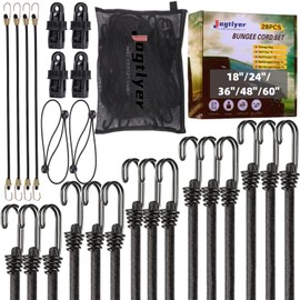 Jogtlyer Bungee Cords with Hook 28pcs Set Heavy Duty10 18" 24" 36" 48" 60" Roll Bungie Cord Assorted Sizes with Hooks Black Bungee Straps for Outdoor Camping Car