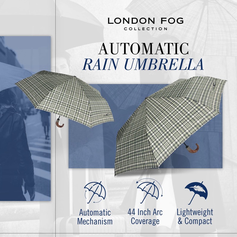 London Fog Rain Umbrella, Green Plaid, 44 Inch Arc J-Hook,
