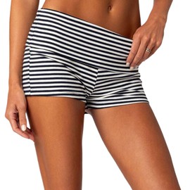 Women Low Waist Lounge Shorts Fold Over Skinny Pajamas Shorts Summer Casual Pj Bottom Sleep Shorts(Striped Black White,Small)