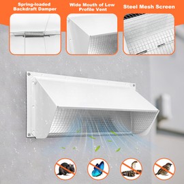 10 Inch Wall Vent Cap for Microwave Kitchen Range Hood Kitchen Vent Wall Cap Exhaust Vent Cover for 3-1/4" x 10" Ductwith Damper and Screen for Range Hood Kitchen Microwave Bath, White