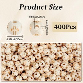 PONABEADIY 1 Box 400PCS 10MM Wood Cross Round Beads Beige Easter Enlaced Crucifix Plating Opaque Undyed Wooden Ball loose Spacer Bead Bulk for Jewelry Making Bracelet Earring Necklace Diy Craft Supply