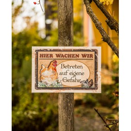 Weatherproof 30 x 20 cm Aluminium Dibond Chicken Coop Sign, Chicken Yard, Farm Decorative Metal Sign "Hier wachen wir "