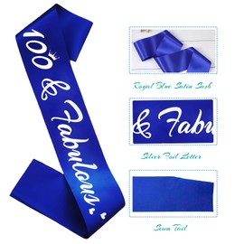 HUBEISIYU 100 & Fabulous Birthday Sash, 100th Birthday Gifts idea for women, Funny 100th Birthday Party Suppiles, Royal Blue+ Silver(100 & Fabulous)