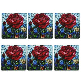 Rose Coasters Square Leather Drinks Coaster Set with Holder for Coffee Table Bar Home Decor 4 Inches Set of 6
