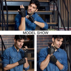 GSG Men's Genuine Leather Fingerless Gloves Half Finger Gloves Unlined Black-Blue Small