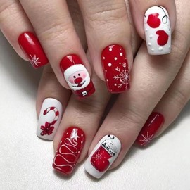Christmas Press on Nails Medium Length Fake Nails with Cute Santa Claus Snowflake Pattern Design Press On Fake Nails Square Artificial False Nails Winter Xmas Nails for Women Girls Nail Decoration