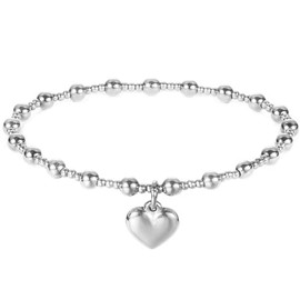 Jude Jewelers Stainless Steel Beaded Chain Heart Charm Wedding Statement Party Bracelet (Silver)