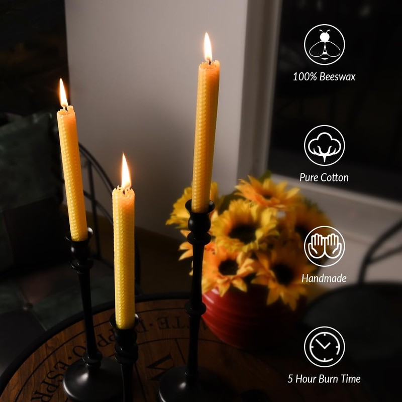 Pack of 4 Beeswax Taper Candles Hand Rolled - Smokeless