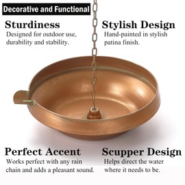 Rain Chain Anchoring Basin, Hand Hammered Bowl for Rain Chain Downspout Gutters, Rain Chain Anchor with S-Hook, Heavy Duty Metal Rain Chain Basin of Chain Display for Outdoor, 12.9" Diameter, 4" High