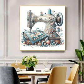 Classic Sewing Machine Diamond Art Kits for Adults, 5D Diamond Painting Kits for Adults Beginners, DIY Full Round Drill Diamond Dot Painting Gem Art Kits for Adult, Home Wall Decor 13.8x13.8 Inch