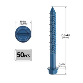 1/4" x 2-3/4" Concrete Screws, 50 PCS Blue Hex Washer Head Concrete Screws Anchor Kit with Drill Bit and Hex Bit Socket, for Masonry, Cement, Block, Brick or Stucco
