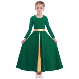 Z&X Girl's Praise Dance Full Length Wide Swing Long Sleeve Liturgical Worship Church Lyrical Dancewear Skirt Robe Dress, 08 Green, 13-14 Years