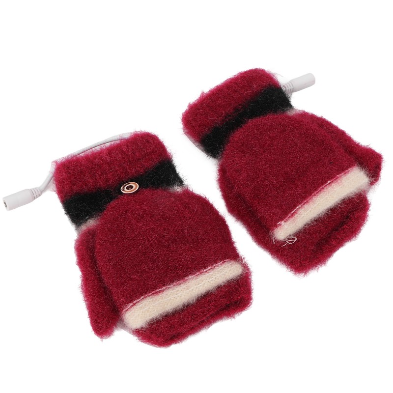 USB Heated Gloves Half Fingerless Flip Burgundy Double Sided Knit