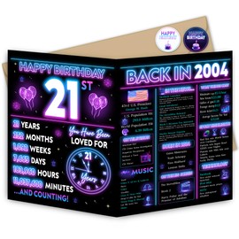 Blazeon Jumbo 21st Birthday Card for Men Women, Neon 21st Birthday Party Decorations for Him Her, Happy 21 Year Old Birthday Gifts for Son Daughter, Double-Sided with Two Stickers