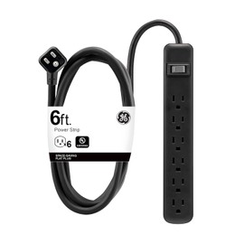 GE 14088 - Tira de alimentación de 6 Tomas, Cable de extensión de 6 pies, Enchufe Resistente, Conectado a Tierra, Interruptor Integrado, 3 Puntas, Montaje en Pared, certificación UL, Color Negro,