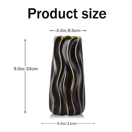 9.5" Black and Gold Vase, Ceramic Vase, Black Decorative Flower Vase, Black Decor Stripe Vases, Modern Boho Vase for Home Decor, Bedroom, Office, Living Room, Bathroom, Tabletop Decor, Centerpiece