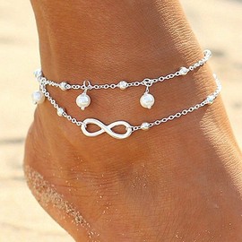 Handcess Boho Pearl Double Anklet Silver Forever Ankle Bracelets Beach Beads Anklets for Women and Girls
