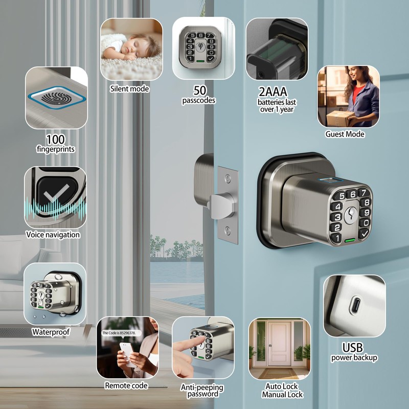 Richelock Fingerprint Door knob, Smart Biometric Door Lock with Keypad,