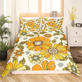 Retro Flowers Full Size Duvet Cover Set,Watercolor Yellow Floral Green Leaves Plant Comforter Cover with 2 Pillowcases,3pcs,70s Trippy Daisy Polyester Bed Spread for Boys Teens Bedroom Decor