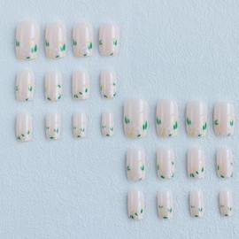 Flower Press on Nails Short Square Fake Nails Nude Stick on Nails Full Cover Small Flowers False Nail Tips Acrylic Spring Glue on Nails Cute Floral Nail Art Decorations Natural Fit Nail Art Kit 24Pcs