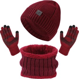 Enwokran Beanie Hat Scarf Gloves Set, Unisex Elastic Knitted Hat Neck Warmer Snood Touch Screen Gloves with Thicken Fleece Inner Lining for Outdoor Sports Circle Skiing Fishing Camping (Claret)