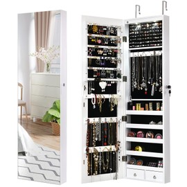 COSTWAY Hanging Jewelry Holder Organizer, Wall Door Mounted Jewelry Armoire with Full Length Mirror & 2 LED Lights, Large Storage Capacity, Lockable Mirror Jewelry Cabinet for Women Girls (White)
