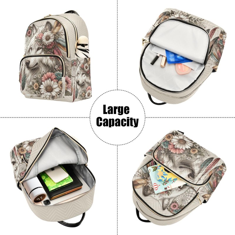 senya Wolf Women Fashion Backpack Purse Flower Dreamcatcher Wolf Backpack