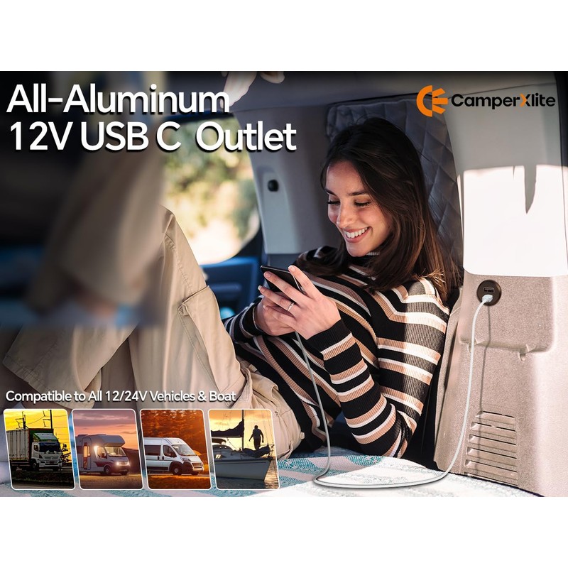 CamperXlite RV USB C Outlet 12V/24V All-aluminum QC 3.0 USB