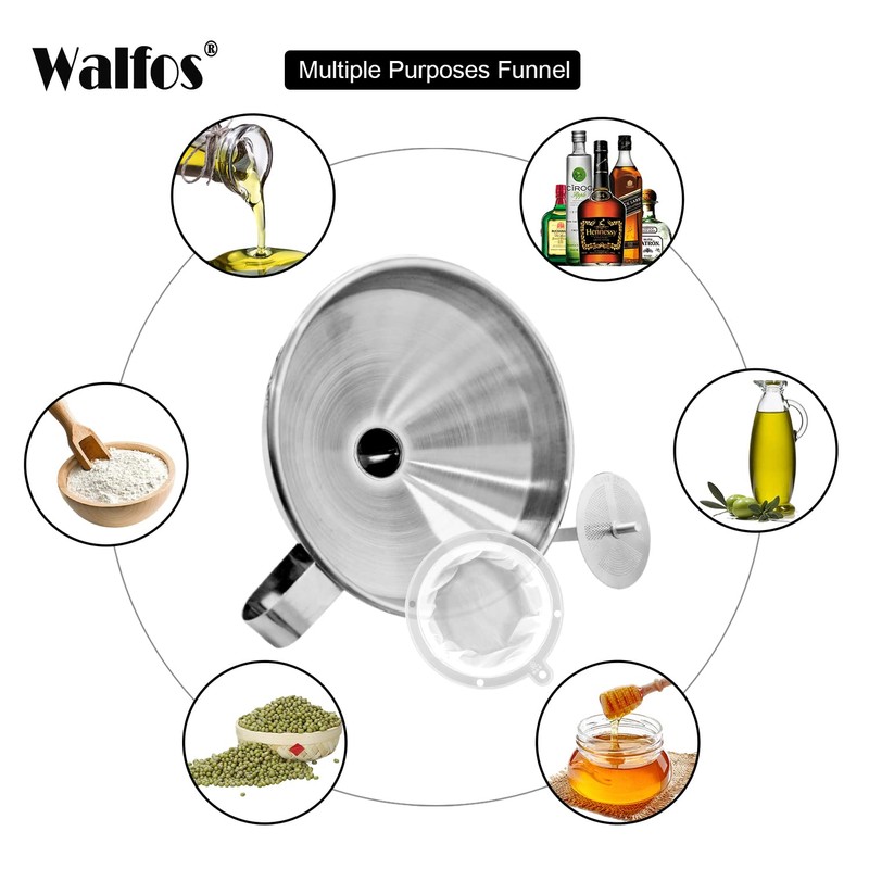 WALFOS Multi-use Stainless Steel Kitchen Funnel with 2 Removable Strainer