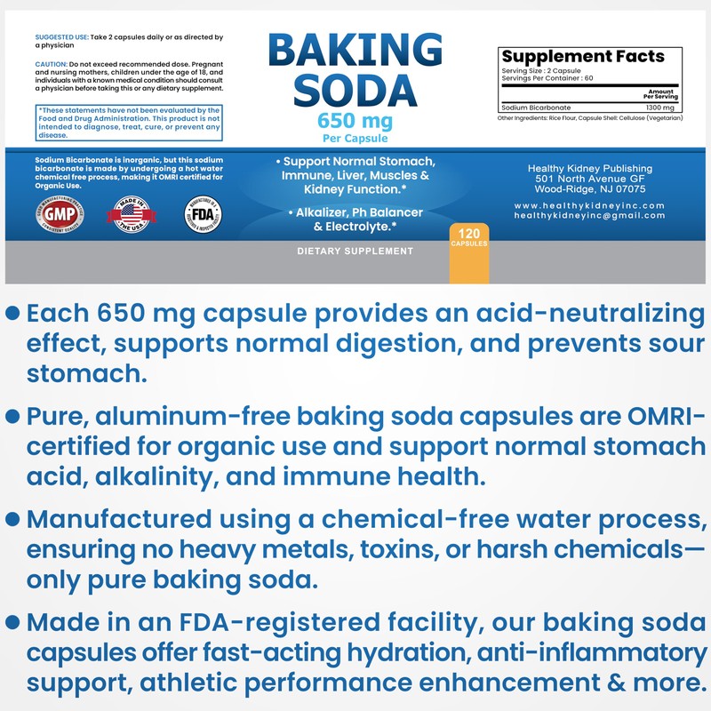 Natural Baking Soda Capsules - 650mg Baking Soda Tablets for