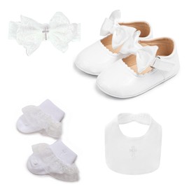 White Christening Baptism Baby Girl Outfits Dressup Accessories Gift 4 Pcs Headband Bib Socks Shoes (Style1 White Cross, US Footwear Size System, Infant, Age Range, Medium, 0 Months, 6 Months)