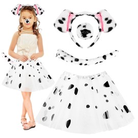 KMLGY 4Pcs Dalmatian Headband Tail Costume Set with Tutu, Dog Ears Headband Nose Tails Tutu Fancy Dress Accessories for Girls World Book Day Cosplay Birthday Party Dress Up