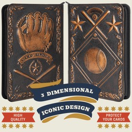 Baseball Card Binder - Stunning 3D Raised & Hand Colorwashed PU Leather Binder - 9 Pocket Album w Zipper - 360 Side Loading Sleeves Book for Baseball Trading Cards - Works with Topps, Bowman, Panini..