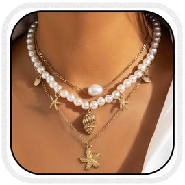 Atigy Boho Necklace with Starfish Beads and Shell Multiple Chain Gold Pendant Beach Necklace Jewellery for Women, Unit size, Metal, No Gemstone