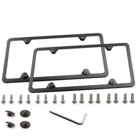 Premium Slim Style Stainless Steel License Plate Frame UV Resistant (4-Hole, 2 PACK + Deluxe Gift Box, Black Matte Finish)