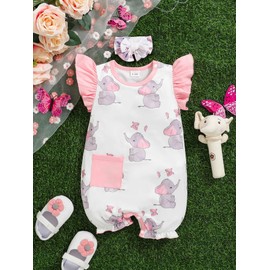 6-9 Month Girl Clothes Baby Girl Clothes Infant Girl Summer Spring Outfits Half Years Photography Smocked Elephant Printed Cute Soft Home Clothing Set+Headband Pink