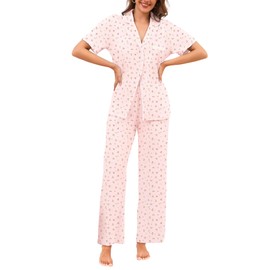 Bloggerlove 100% Cotton Pajamas for Women Set 2 Piece Short Sleeve Women's Sleepwear with Long Pant Button Down Lounge Sets