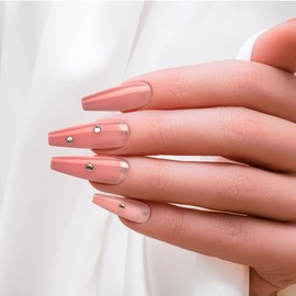 KISS False Nails Kit, Bare but Better Ready to Wear Sculpted Nails, Stick and Glue Included, X-Long, Coffin Shape with Rhinestones, Long-Lasting Hottest Trend Glue on Nails, Convenient & Easy to Apply