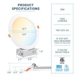 PARMIDA (6 Pack) 8 Inch Ultra-Thin LED Recessed Ceiling Light with Junction Box, 5CCT Color Selectable 2700K/3000K/3500K/4000K/5000K, 18W, Dimmable Canless Wafer Slim Panel Downlight, IC Rated, ETL