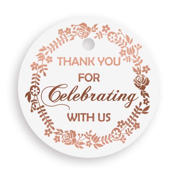 Thank You Gift Tags, Round Circle Gift Tag, 30 Pack, Off-White Paper, Rose Gold, Foil Print Collection (Tag1 Rose Gold)