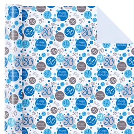 WRAPAHOLIC 30th Birthday Wrapping Paper - Mini Roll - 17 Inch x 33 Feet - Blue 30th Birthday Design for Birthday, Party, Holiday
