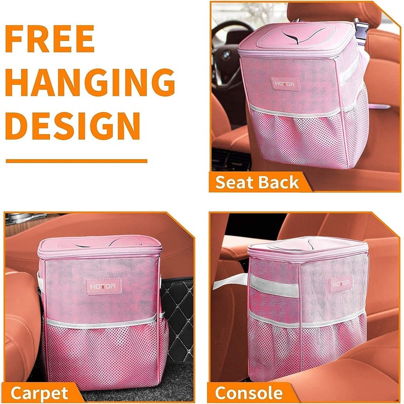 HOTOR Car Trash Can with Lid and Storage Pockets -