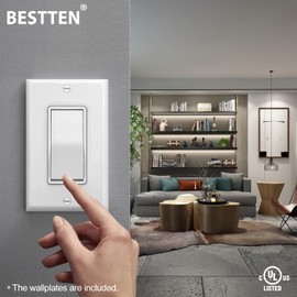 BESTTEN 2 Pack 4-Way Decorator Wall Light Switch with Wallplate, 15A 120/277V, On/Off Paddle Rocker Interrupter, Self-Grounding, UL Listed, White