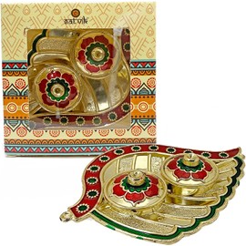 SATVIK 1 Pc Golden Decorative Designer Roli Chawal/Rice Holder, Akshata Kumkum Haldi Holder Indian Festival Rakhi Pooja Thali Diwali Pujan Puja Mandir Tika Platter Housewarming Gifts Items