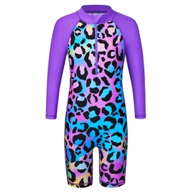 HUAANIUE Girls UPF 50+ UV One Piece Swimwear Kids Bodysuit Beachwear with Ziper Surfing Pink Swimming Children Bathing Costume 4-11 Years(PurpleLeopard,128/134)