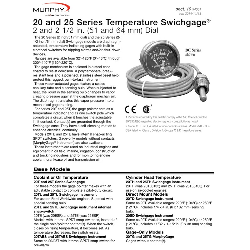 Murphy by Enovation Controls 20T-250-12-1/2 Temperature Swichgage (10702046)