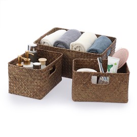 IGNPION Set of 3 Seagrass Opened Storage Basket Living Room Decorative Basket Woven Wicker Towel Baskets with 2 Sizes, Bathroom Organiser Box, Shelves & Desks Multipurpose Storage Hamper, Coffee