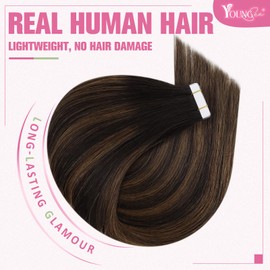YoungSee Tape in Hair Extensions Human Hair Balayage Brown Tape in Extensions Human Hair Dark Brown with Medium Brown Tape in Real Hair Extensions Ombre 16 Inch 20pcs 50g Tape on Hair Extensions